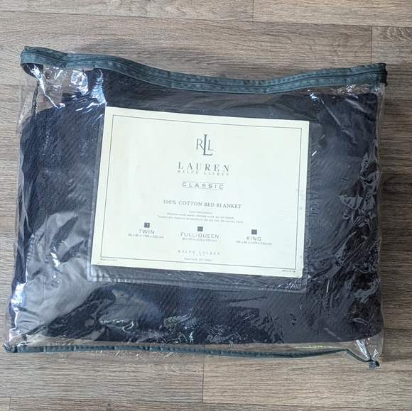 NWT Lauren Ralph Lauren Classic 100% Cotton Bed Blanket Twin Size Navy Blue